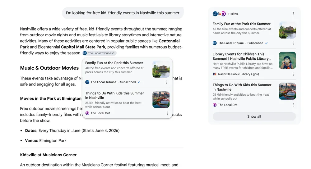 A screenshot of a search result page on a mobile device showing a user's query for "free kid-friendly events in Nashville this summer" and various article snippets related to summer events, music, outdoor movies, and library activities.