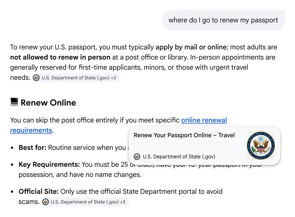 The image shows a search result for "where do I go to renew my passport," with a popup previewing a link titled "Renew Your Passport Online - Travel" from the U.S. Department of State (.gov).