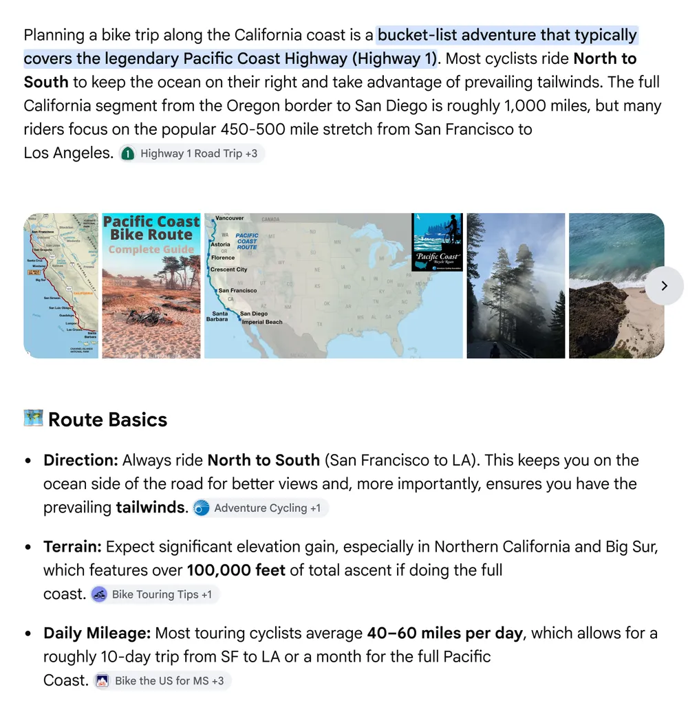 A detailed guide to the Pacific Coast Bike Route, showing maps, coastal scenery, and key route basics including the recommended North to South direction, terrain, and daily mileage.