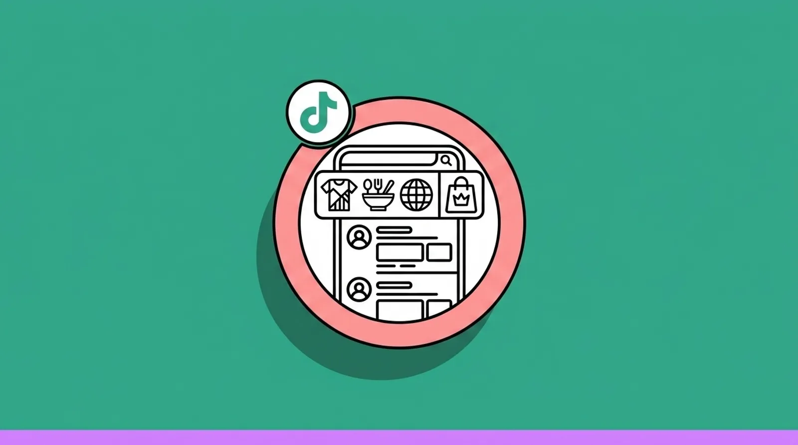 a minimalist line illustration of a TikTok search results page with a brand placement at the top and aligned creator content cards with the TikTok logomark.