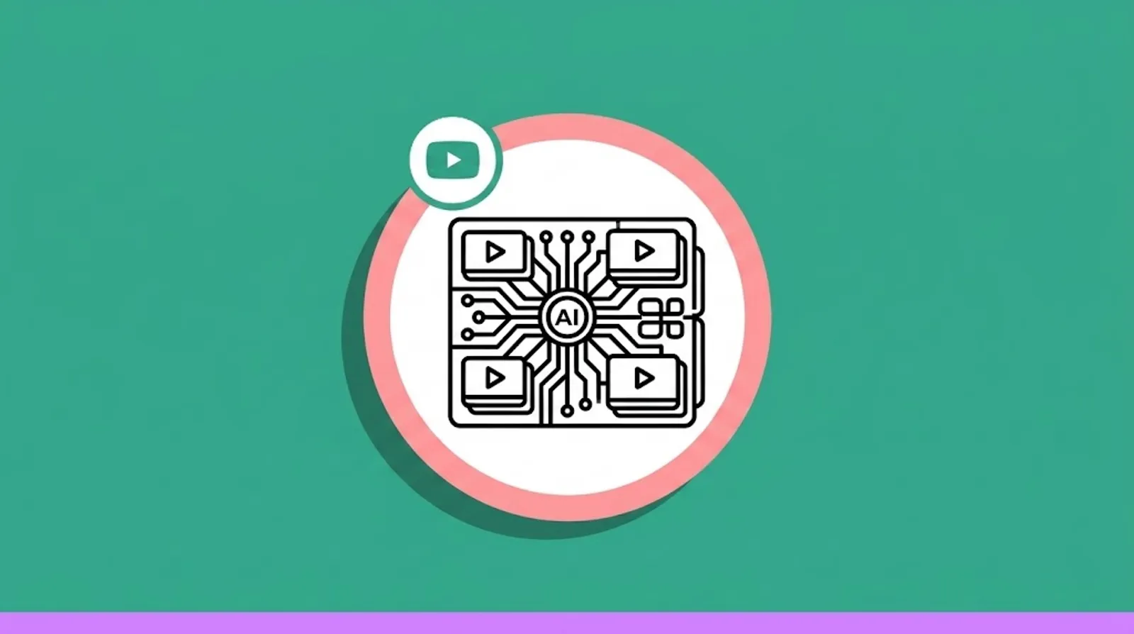 a minimalist line illustration of a YouTube interface with an AI tool connecting video thumbnails into a sponsored content bundle with the YouTube logomark.
