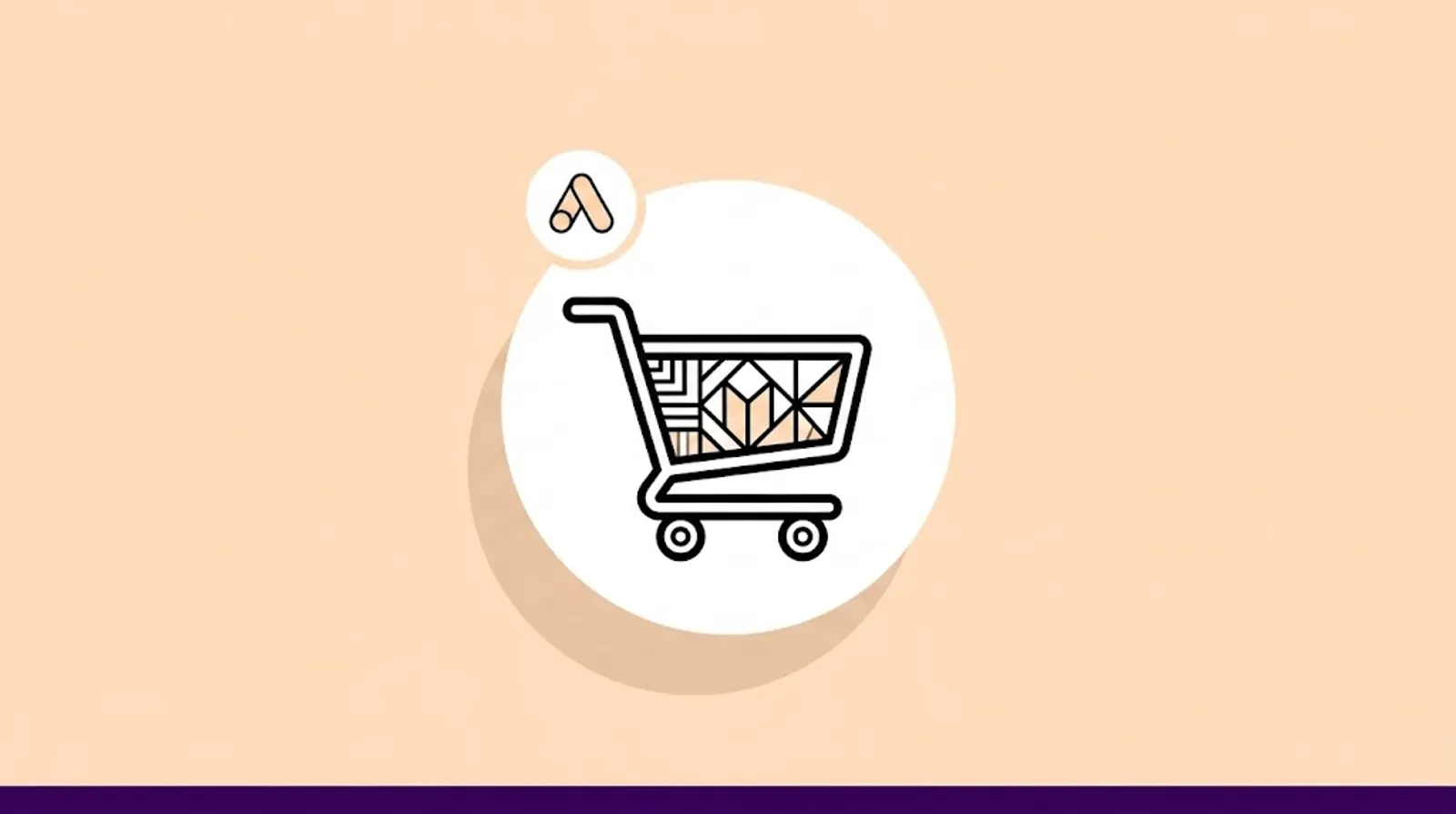 a minimalist line illustration of a shopping cart with the Google Ads logomark.