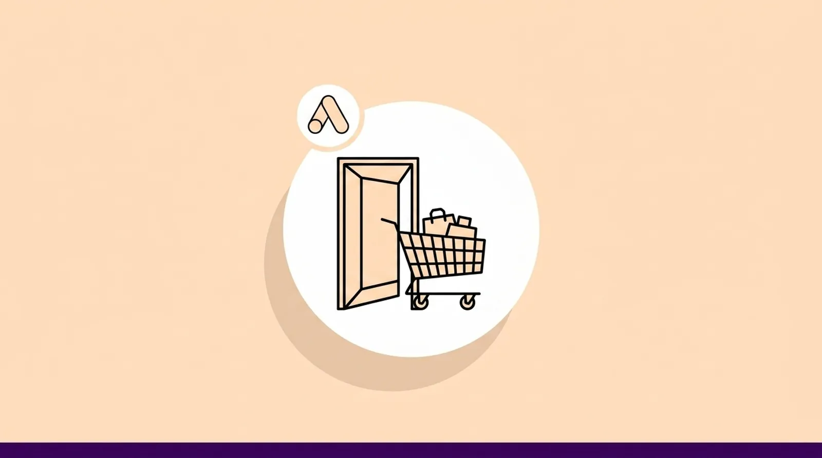 a minimalist line illustration of an open door with a shopping cart passing through with the Google logomark.