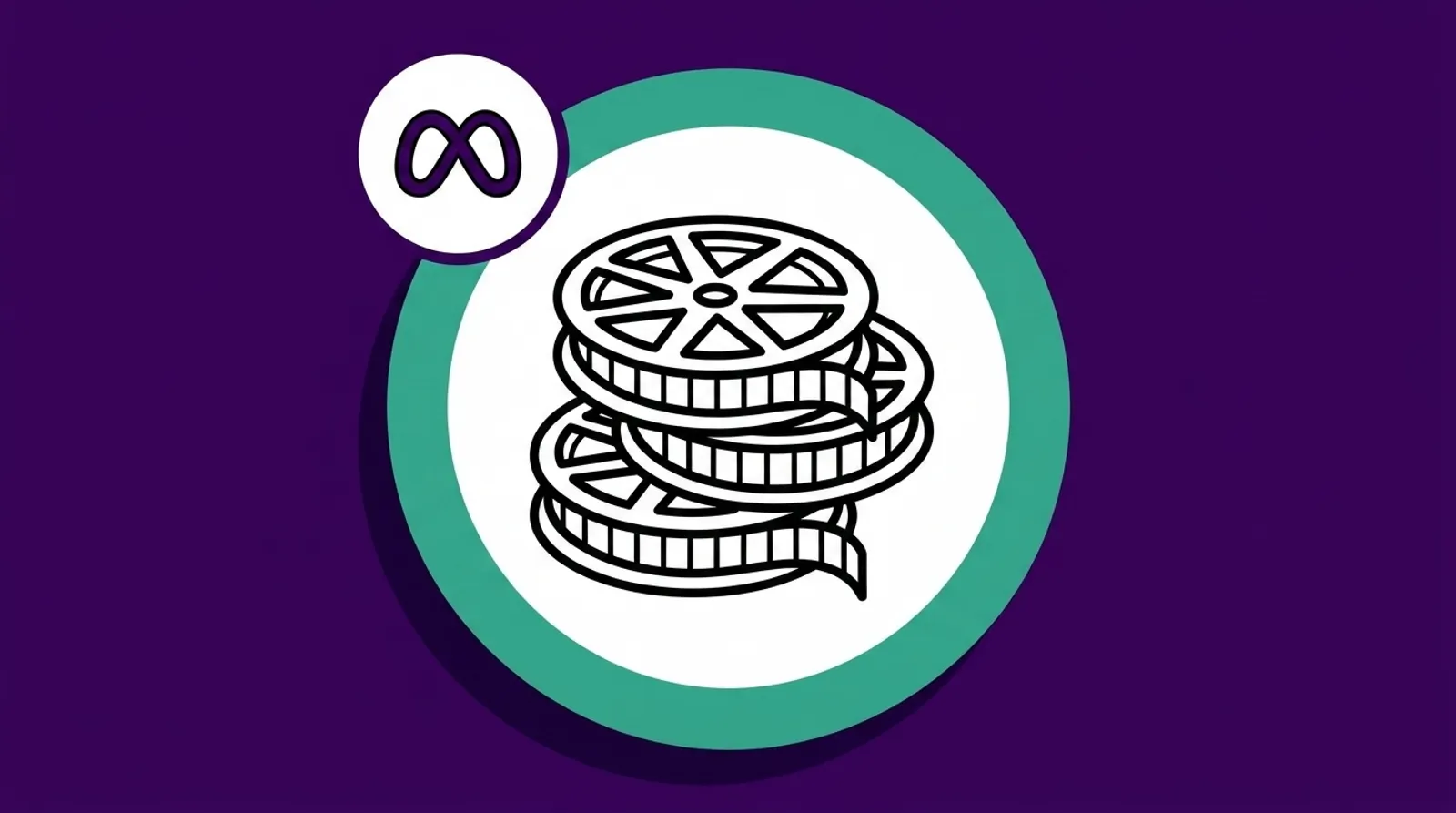 a minimalist line illustration of the stack of film reels with the Meta logomark.
