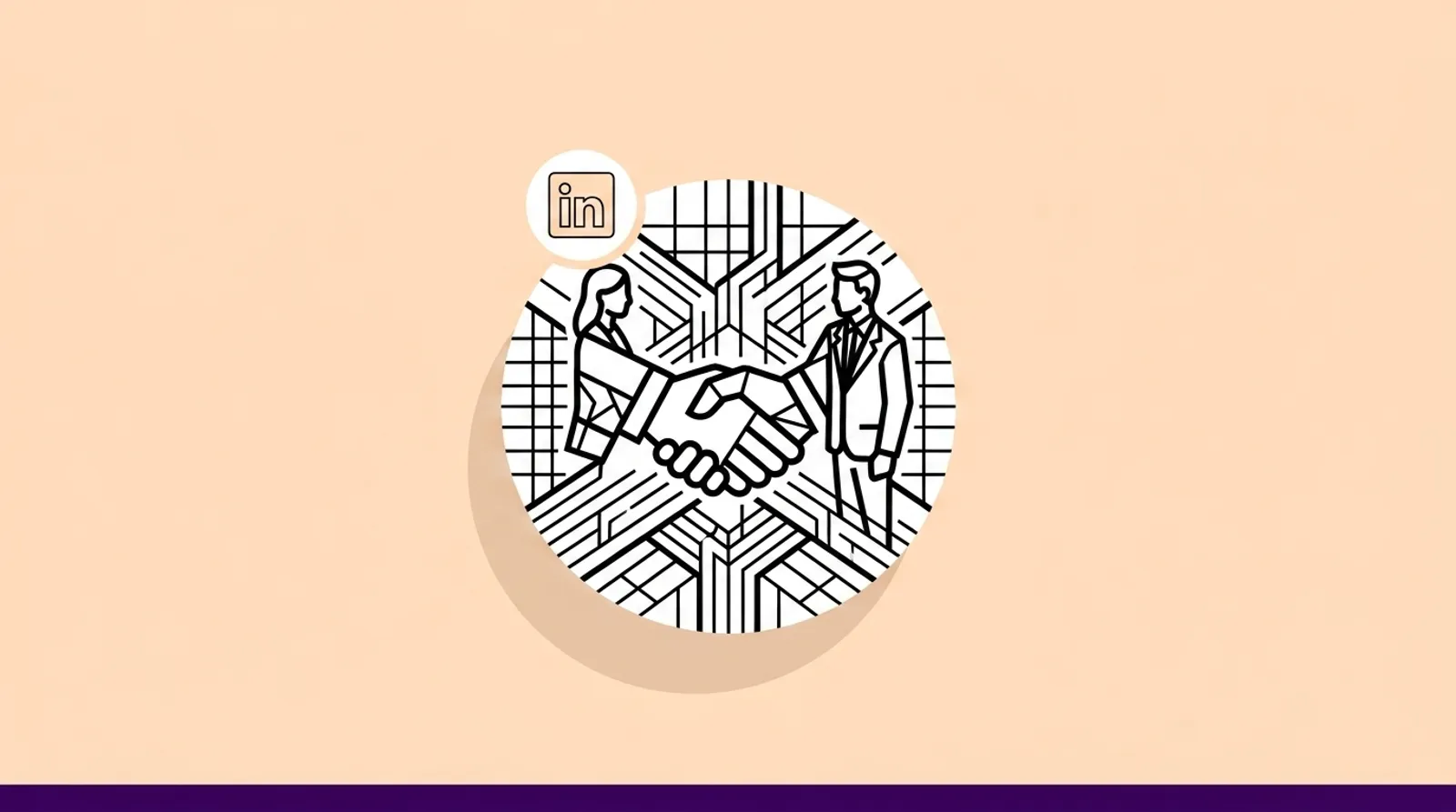 a minimalist line illustration of two professionals shaking hands at a digital interface with the LinkedIn logomark