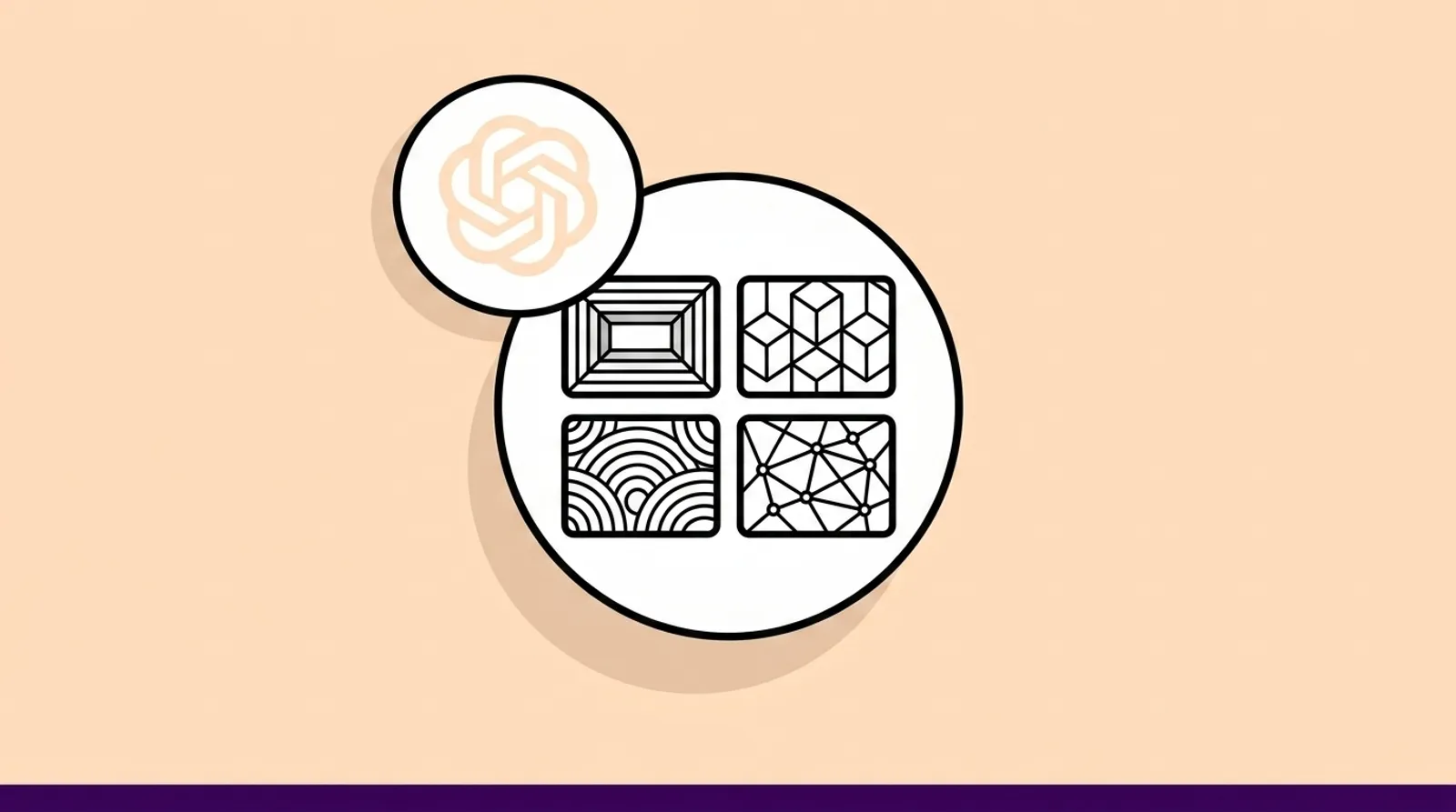 a minimalist line illustration of a single sponsored ad card holding several smaller advertiser tiles with the OpenAI logomark