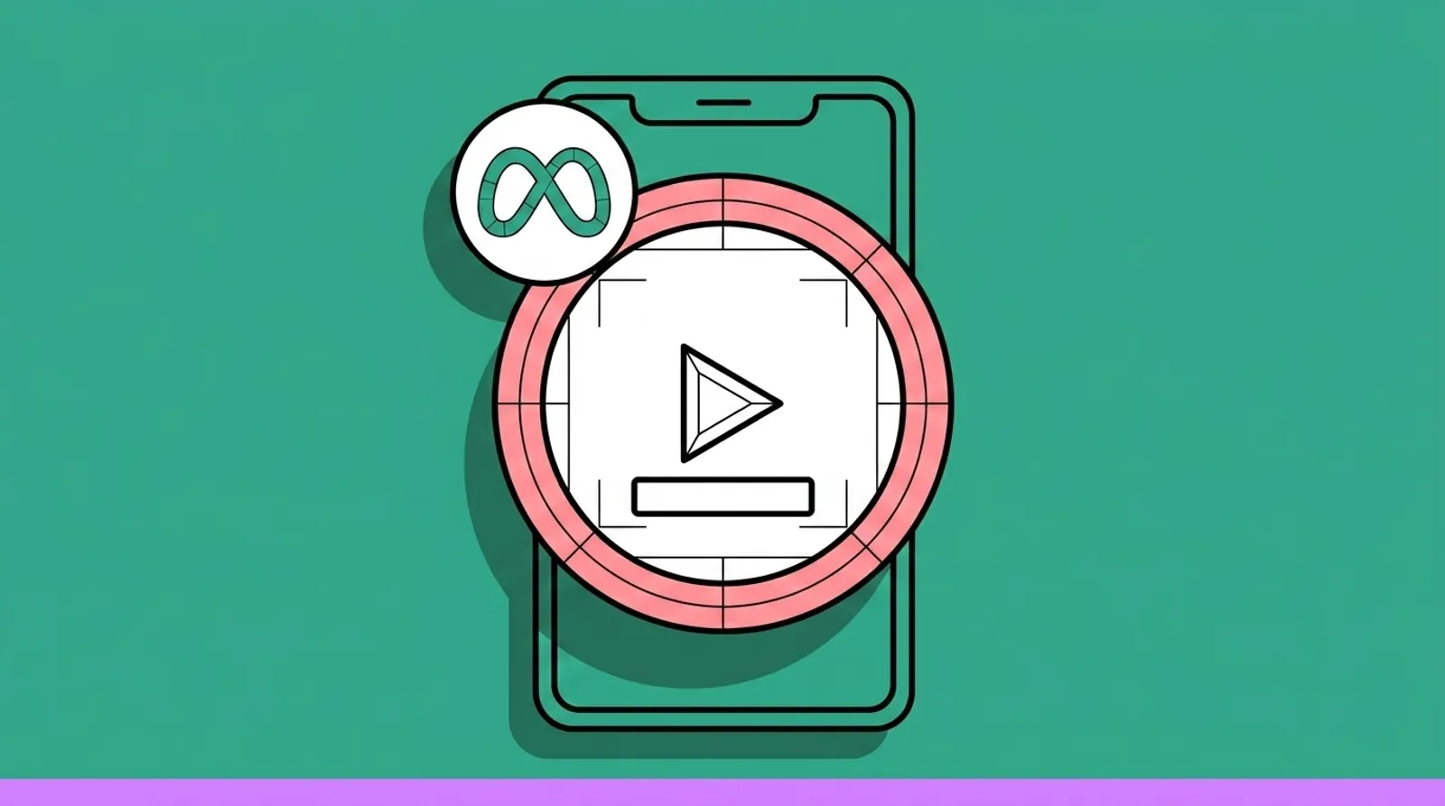 a minimalist line illustration of a smartphone displaying a live video play button with the Meta logomark