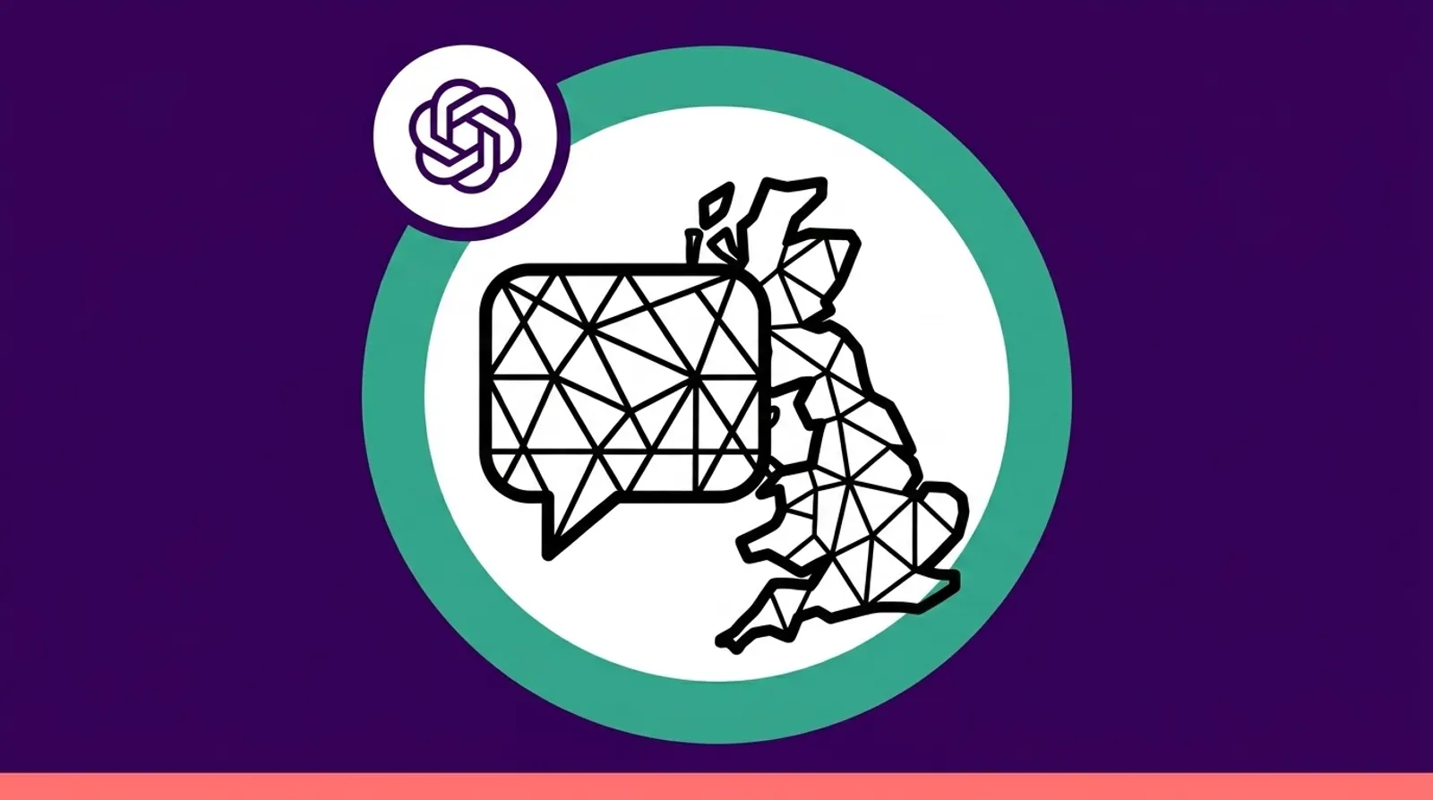 a minimalist line illustration of a chat bubble over a U.K. map outline with the ChatGPT logomark