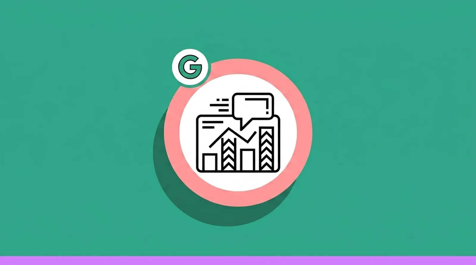 a minimalist line illustration of a chat bubble rising from a reporting dashboard with the Google logomark