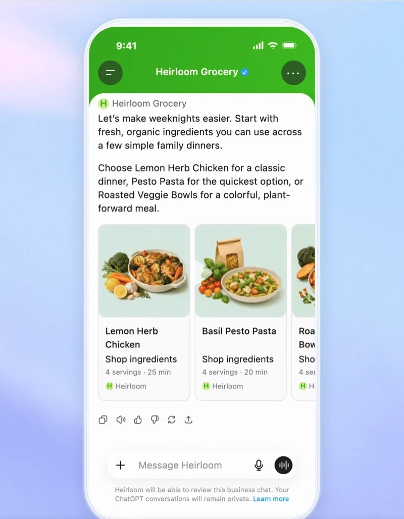 The Heirloom Grocery Sponsored Agent chat in ChatGPT, suggesting three dinners with Shop ingredients cards, above a notice that Heirloom will be able to review this business chat while the user's ChatGPT conversations remain private.