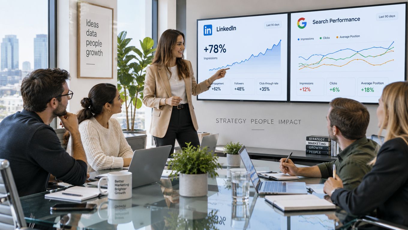 A professional team in a modern office analyzing marketing metrics on digital screens during a business meeting.