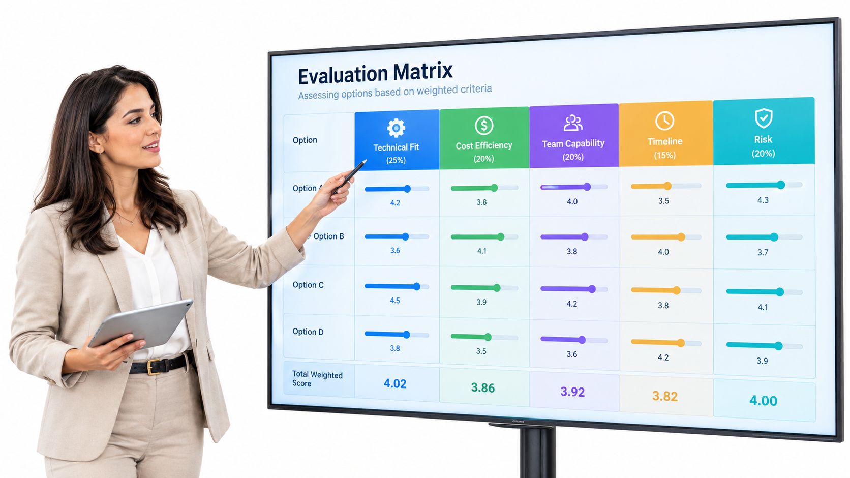 A professional woman presenting a project evaluation matrix on a large digital monitor in an office setting.