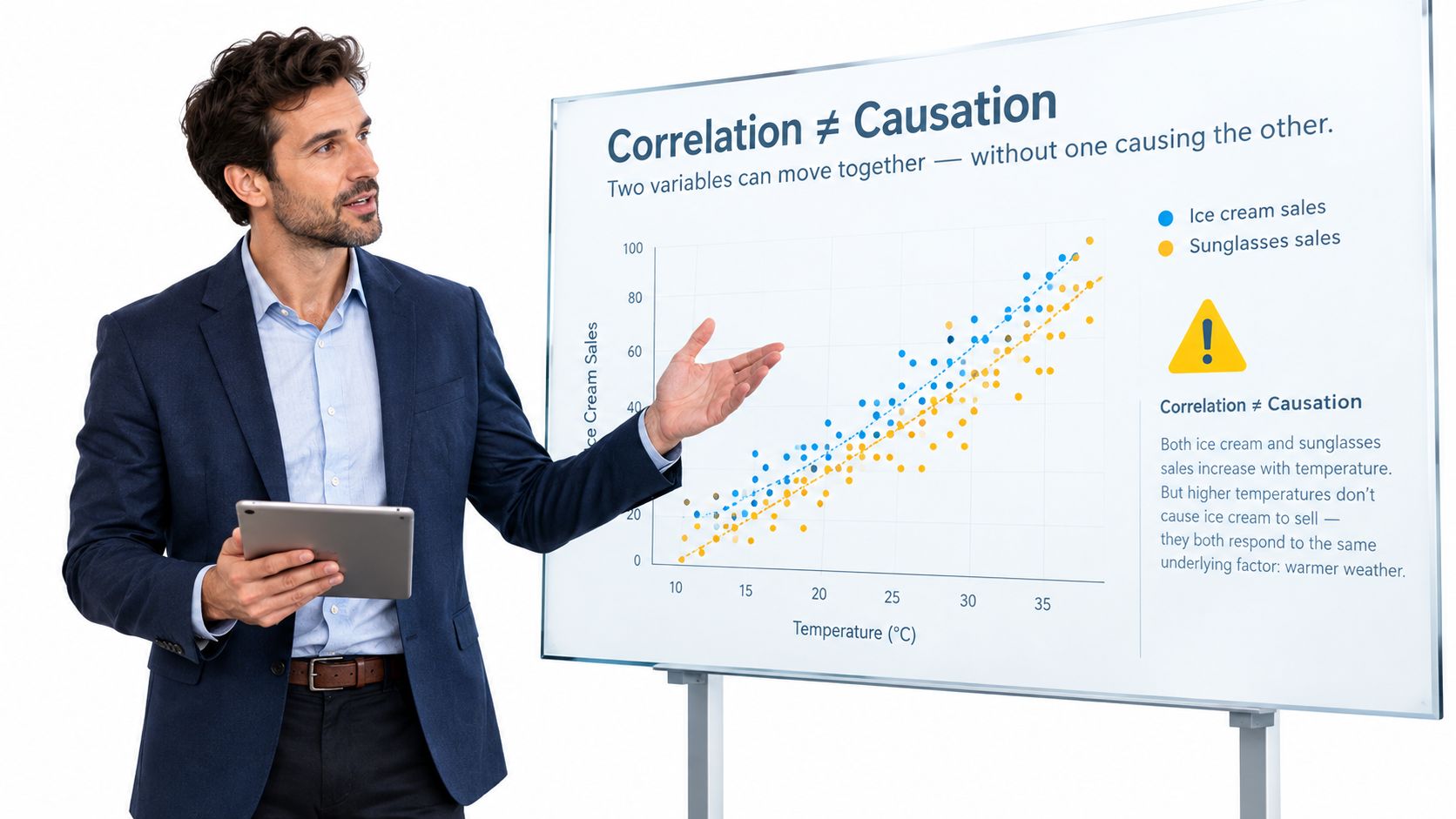A professional man in a suit presenting a correlation vs causation chart about ice cream and sunglasses sales.