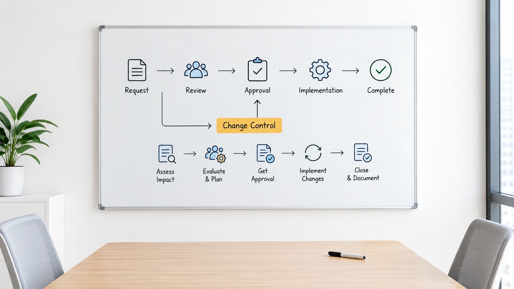 A whiteboard in a meeting room showing two distinct workflow diagrams for managing business change processes.
