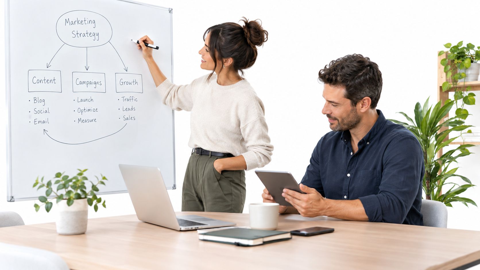 A businesswoman presenting a marketing strategy on a whiteboard to a male colleague working on a tablet.