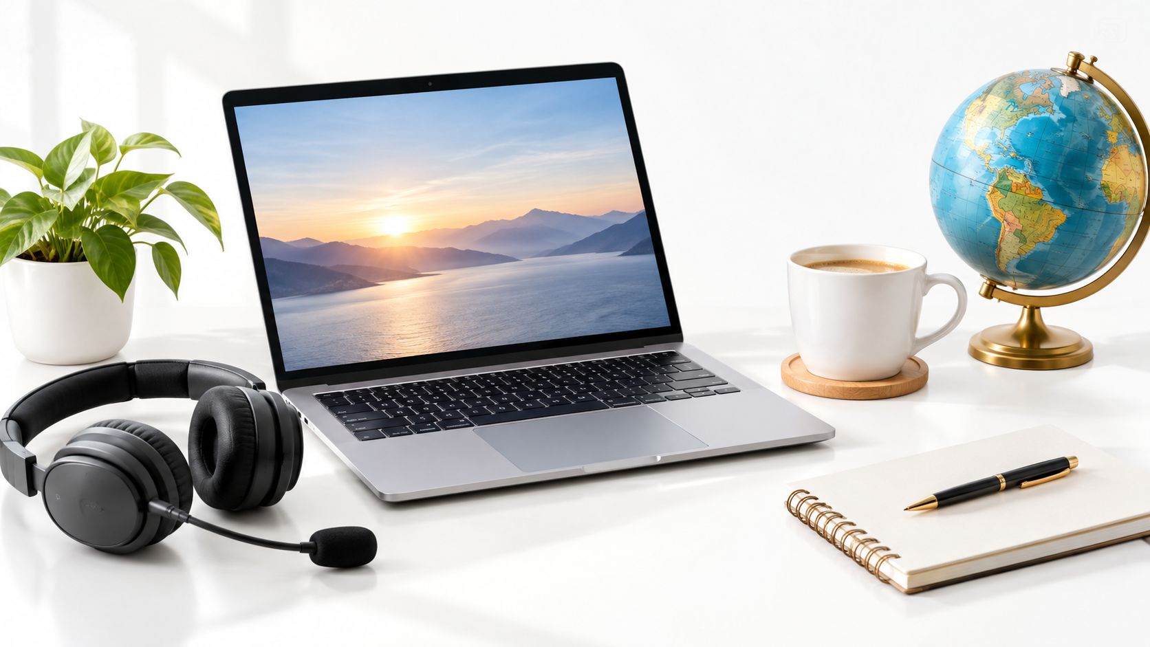 A clean workspace featuring a laptop, globe, notepad with pen, coffee cup, and headset on a desk.