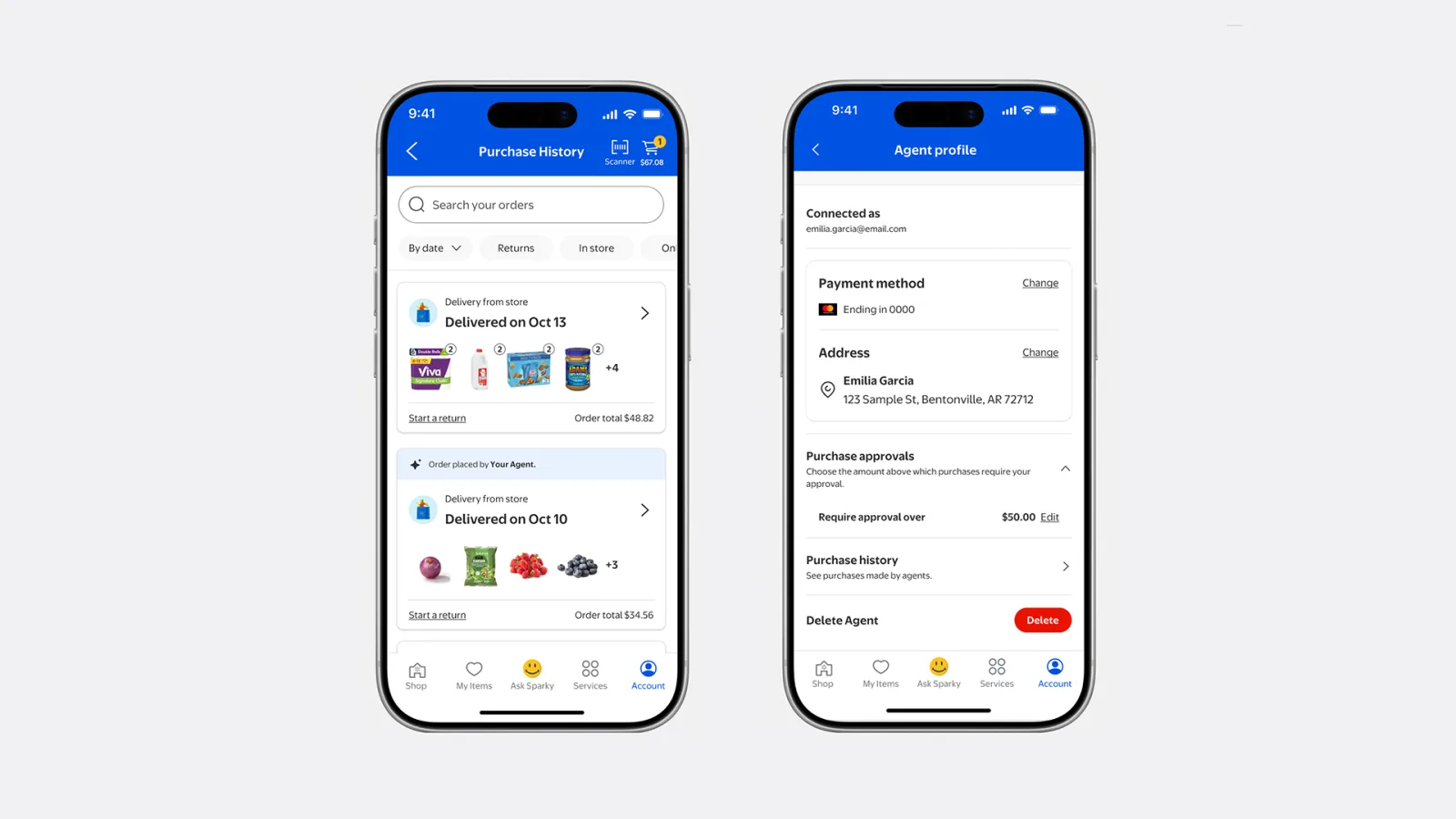 Walmart app screens showing an order placed by an agent and an Agent Profile with a $50 purchase approval limit