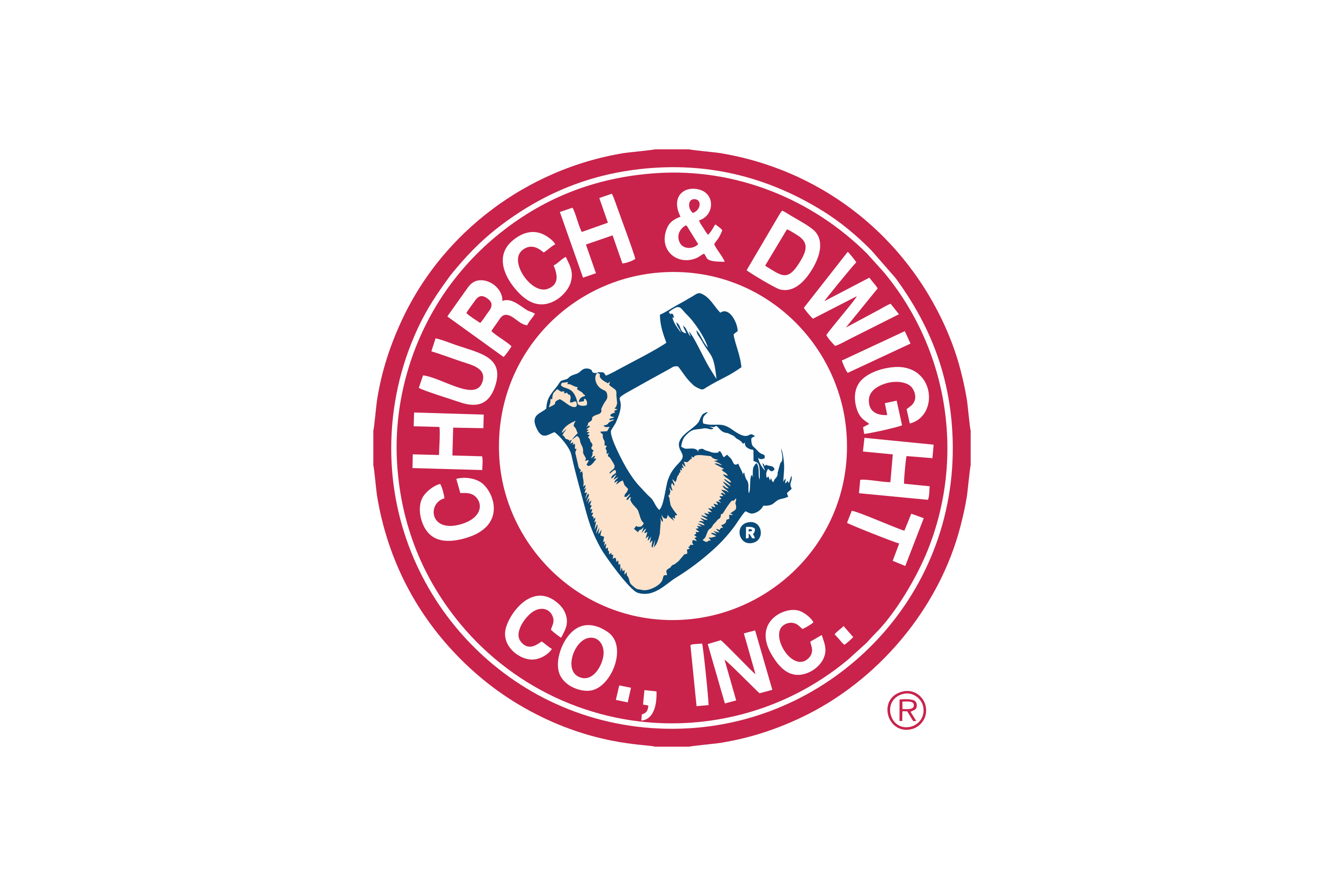 Church & Dwight Co., Inc. logo featuring a muscular arm holding a hammer inside a red circular border with the company name.