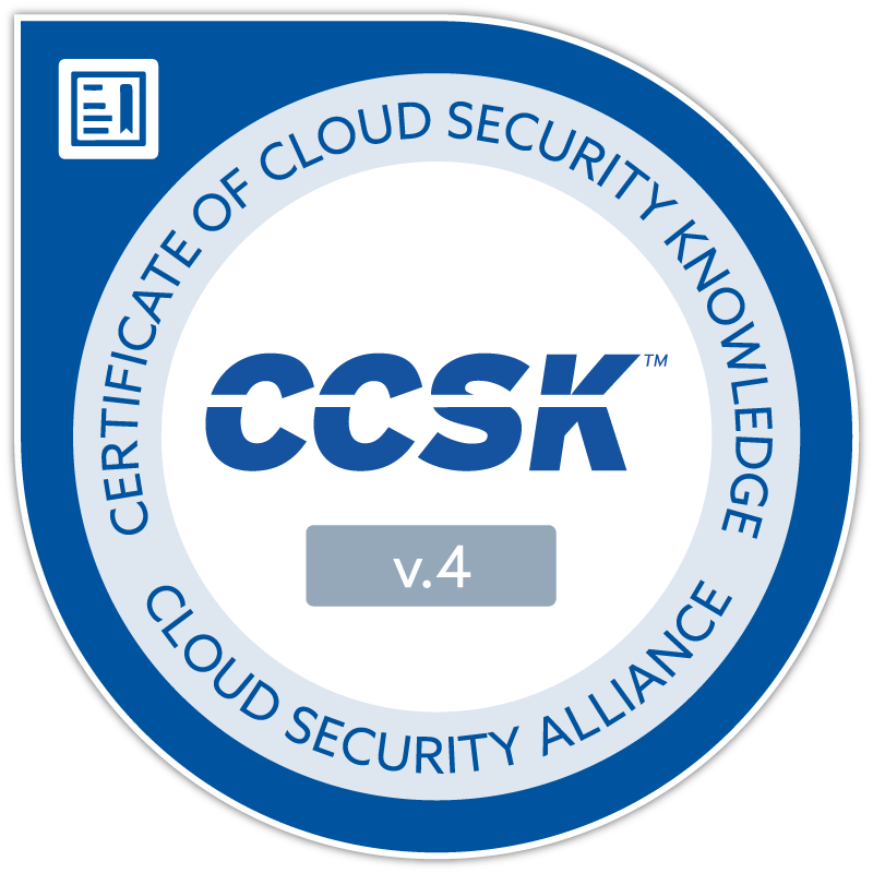 Badge for Certificate of Cloud Security Knowledge v.4 by Cloud Security Alliance with CCSK logo.