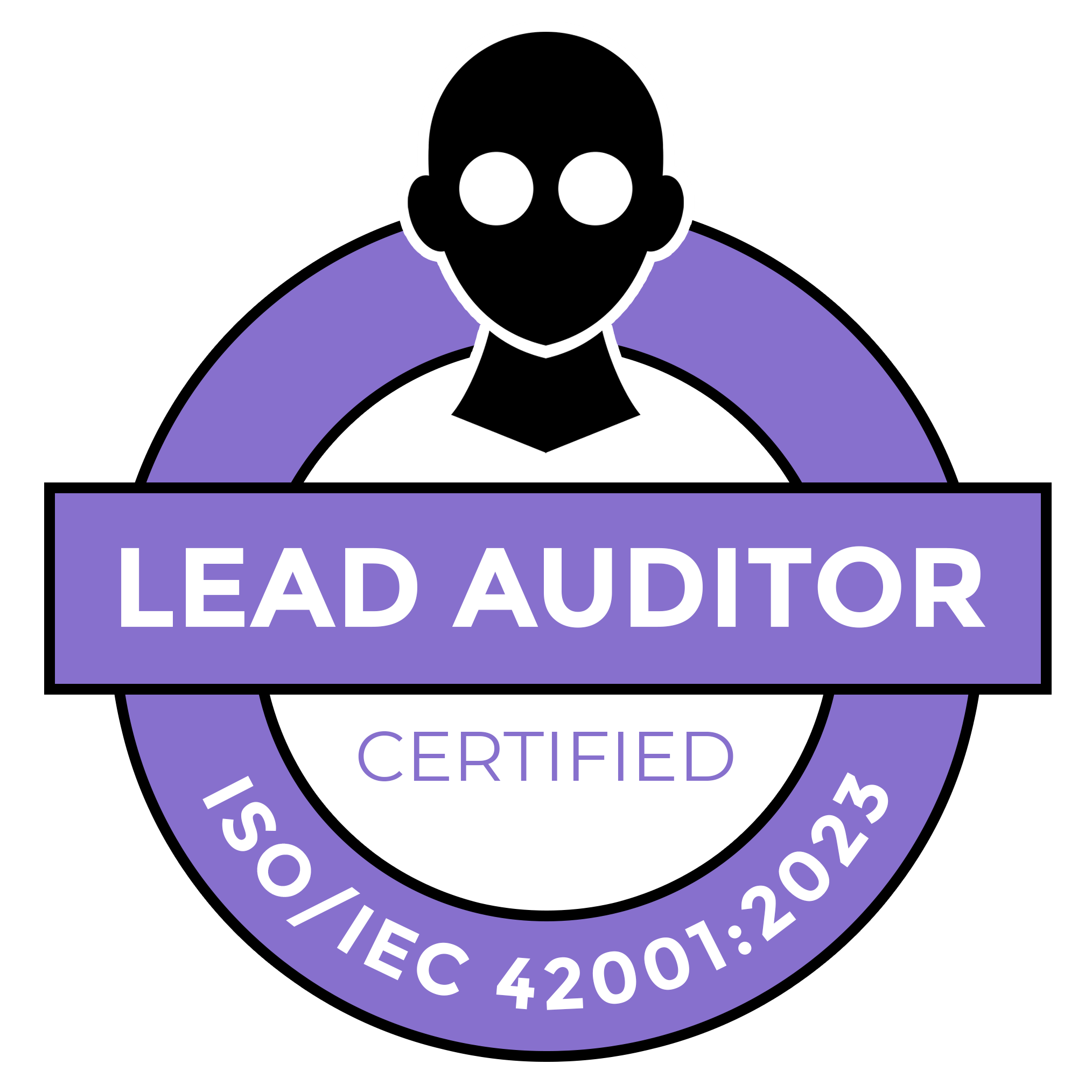 Purple and white circular badge with a stylized head icon and the words 'Lead Auditor Certified ISO/IEC 42001:2023'.