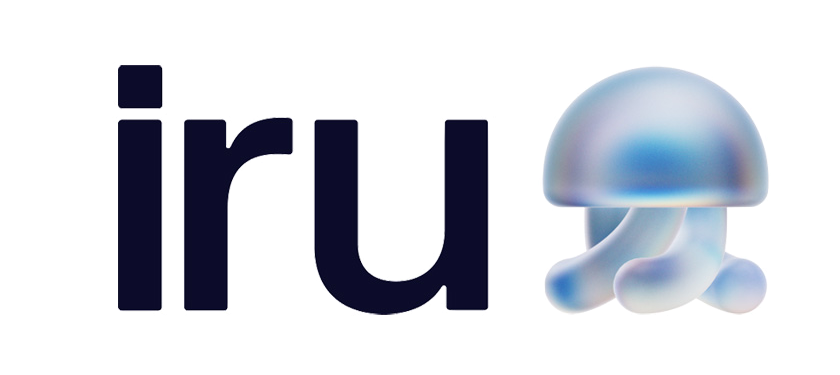 The lowercase letters 'iru' next to a stylized translucent blue jellyfish icon.