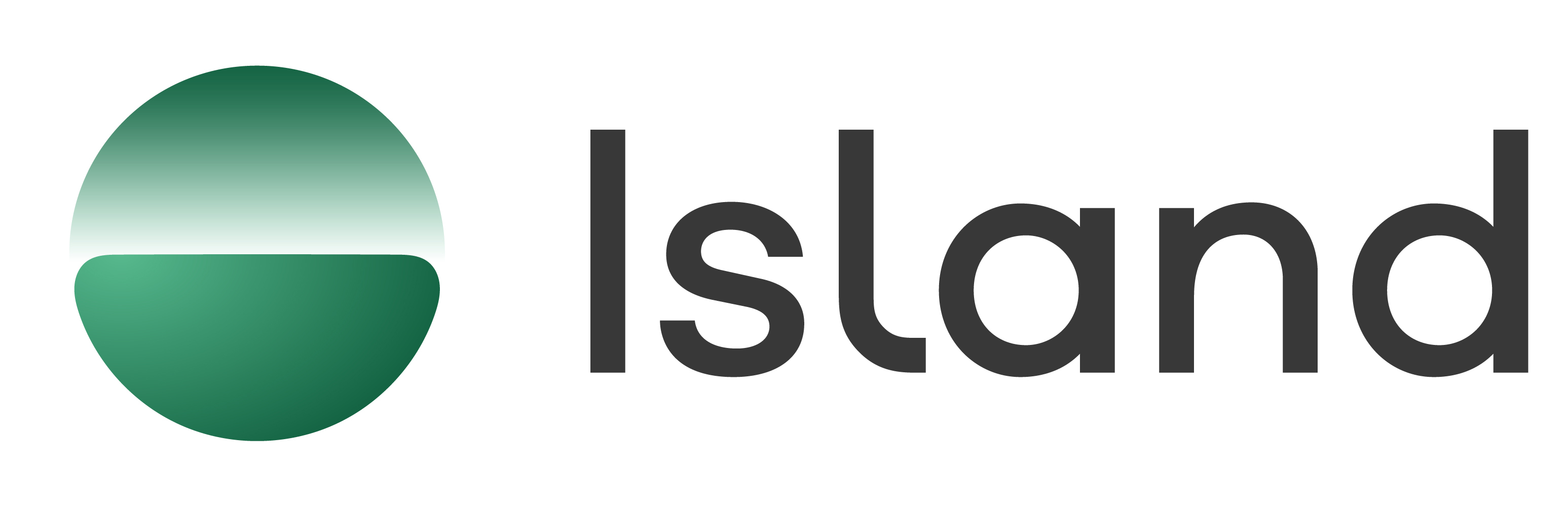 Green circular logo with gradient top half and solid bottom half alongside the word 'Island' in black lowercase letters.