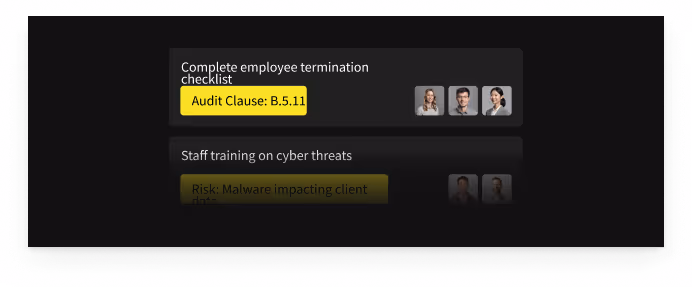 Employee termination checklist and cyber threat training highlighted; includes small images of three people.