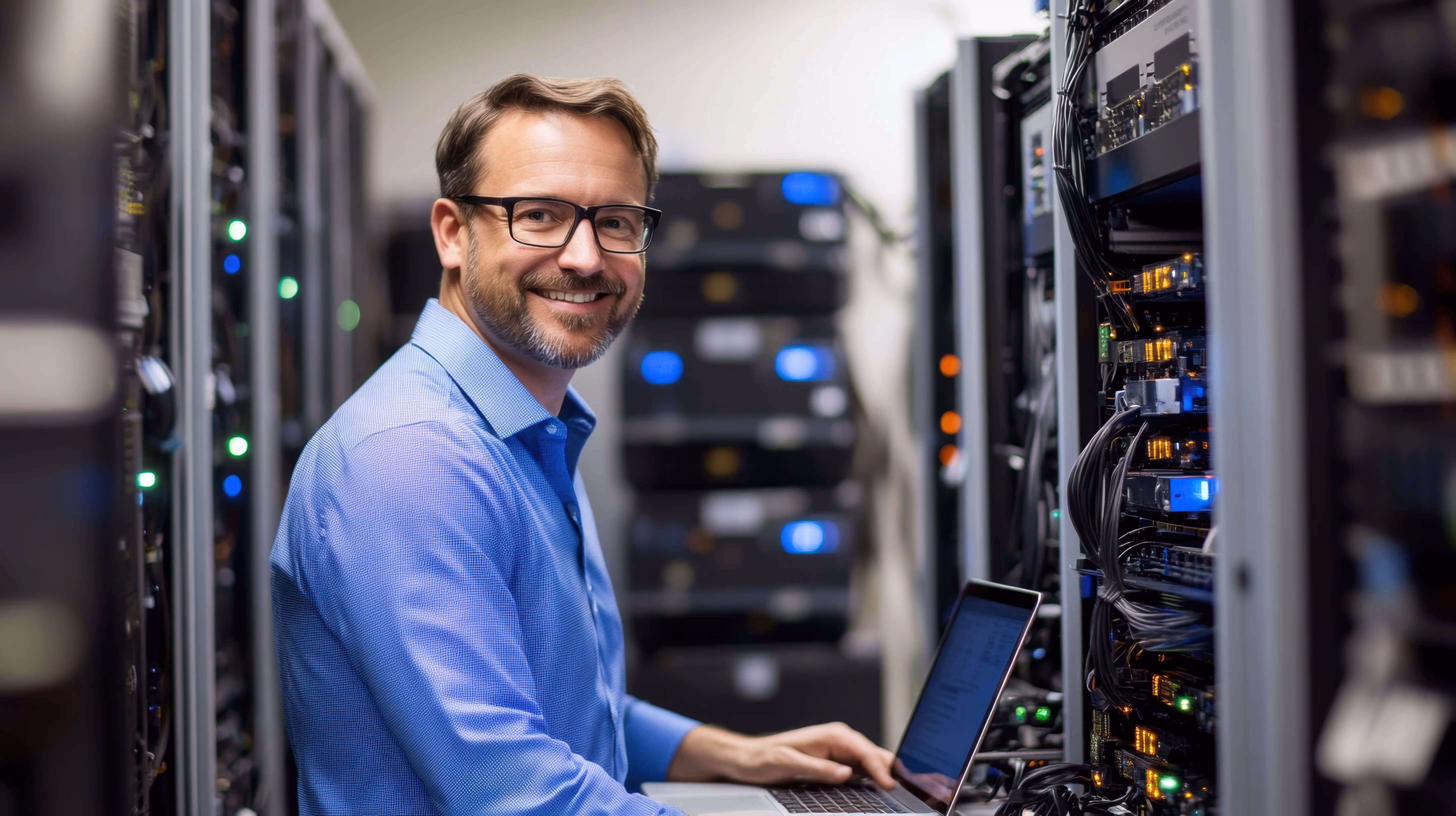 A man in glasses works on a laptop in a server room.