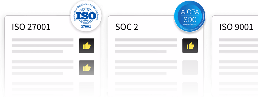 Three certification icons for ISO 27001, SOC 2, and ISO 9001 are displayed above document lists.