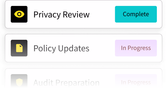 Three tasks listed: Privacy Review is complete, Policy Updates and Audit Preparation are in progress.