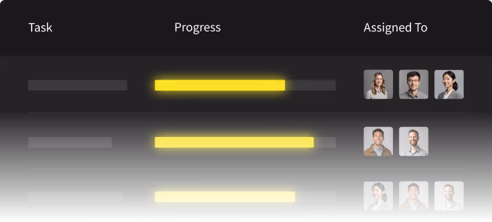 A progress chart shows tasks with yellow bars, and photos of people assigned to each task.