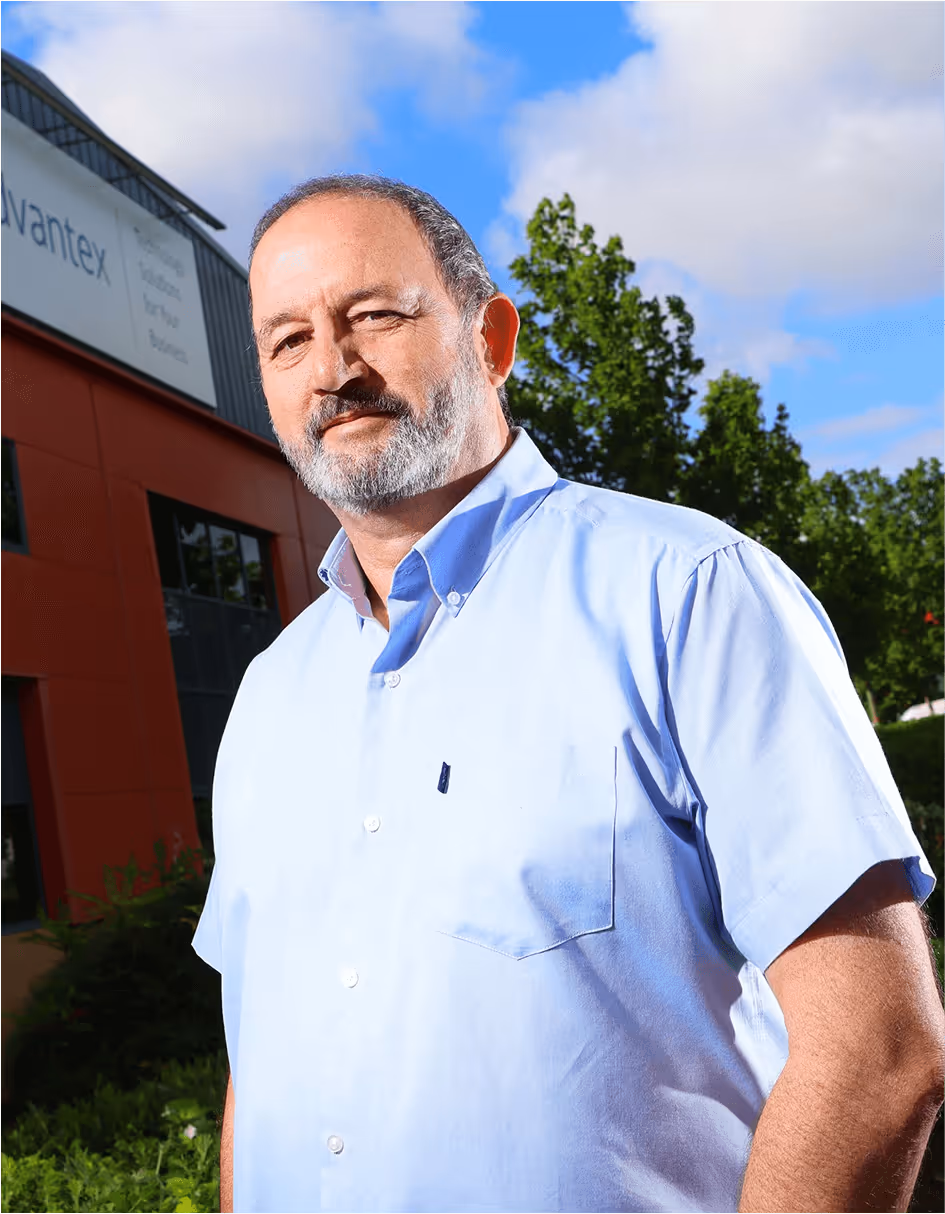 a man in a blue shirt