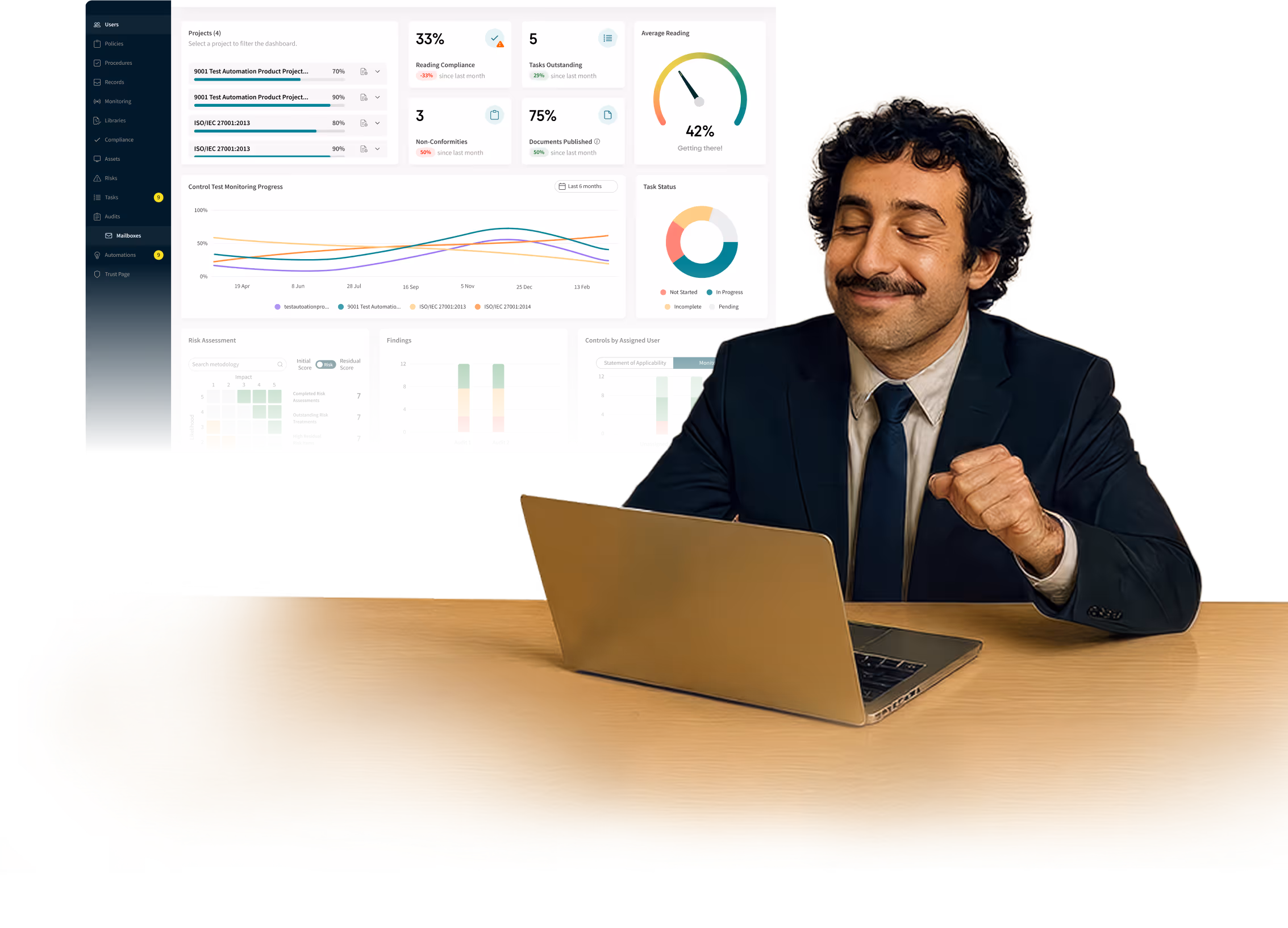 A man smiling at his laptop, which displays a compliance dashboard