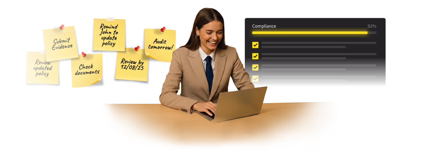 A woman working on a laptop, with post-it notes and a compliance progress bar in the background