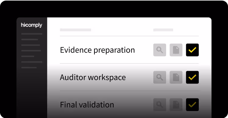 A digital interface displaying options for evidence preparation, auditor workspace, and final validation with checkboxes.