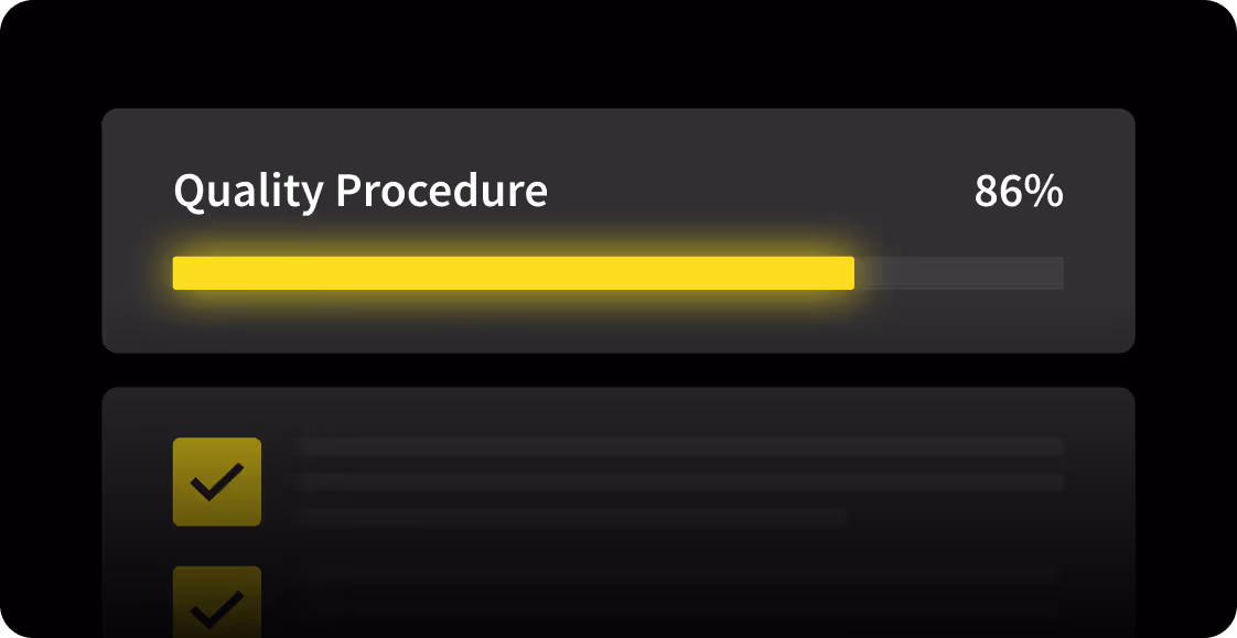 A quality procedure progress bar is 86% complete, shown in bright yellow.