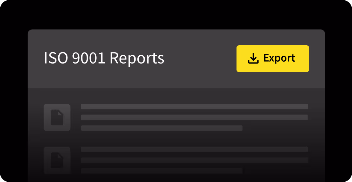 A screen showing "ISO 9001 Reports" with a highlighted "Export" button.
