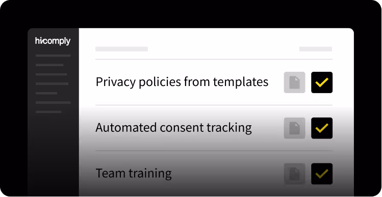 A user interface showing privacy policies, automated consent tracking, and team training options with checkboxes.