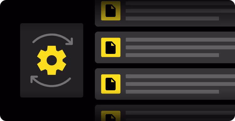 Yellow gear icon with arrows next to vertical document list on a dark background.