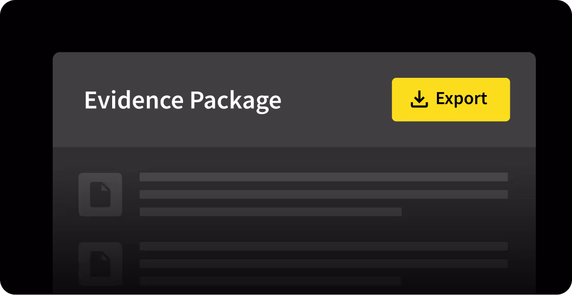 A screen displays "Evidence Package" with a yellow "Export" button for downloading content.