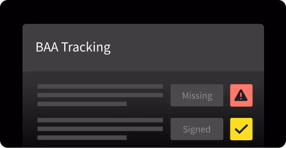 BAA tracking interface showing a document status: one is missing with a warning, another is signed.