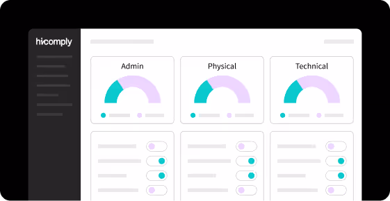 A software dashboard showing admin, physical, and technical progress with circular graphs and toggle switches.