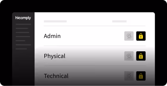 A software interface shows categories: Admin, Physical, Technical, with padlock icons indicating locked status.