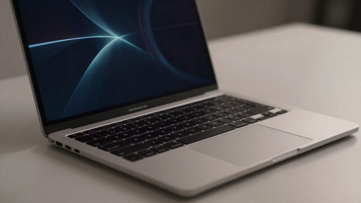Laptop computer screen with digital patterns on a desk.