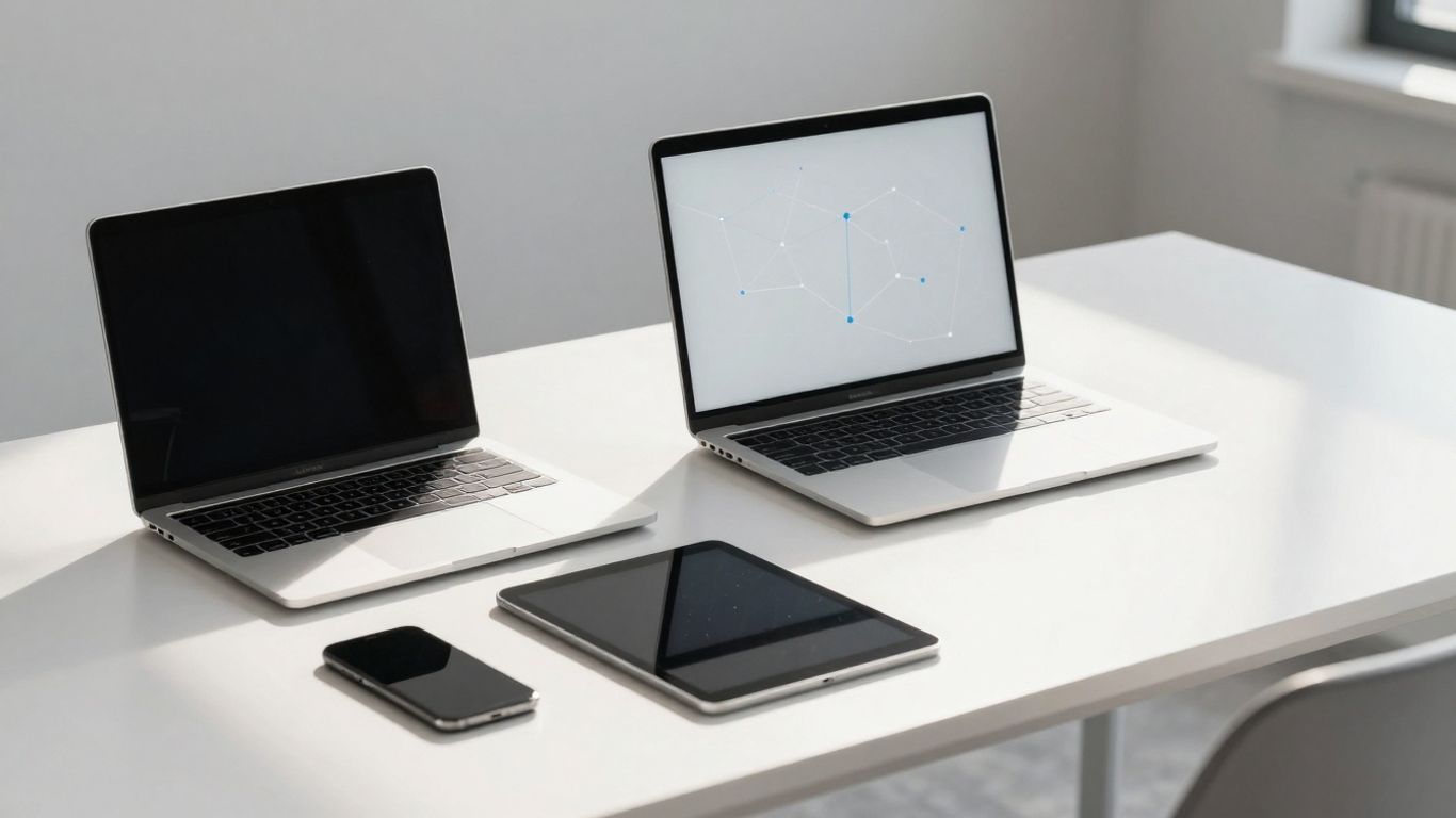 Modern office desk with various connected endpoint devices.