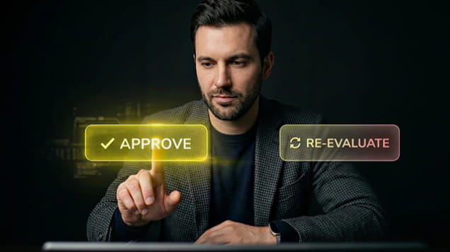 Compliance professional reviewing an AI-generated risk assessment and selecting approve or re-evaluate — illustrating human in the loop decision-making in compliance automation.