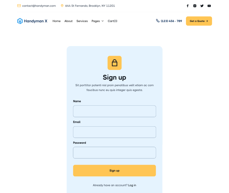 Handyman X - Sign Up Page - Handyman Webflow Template