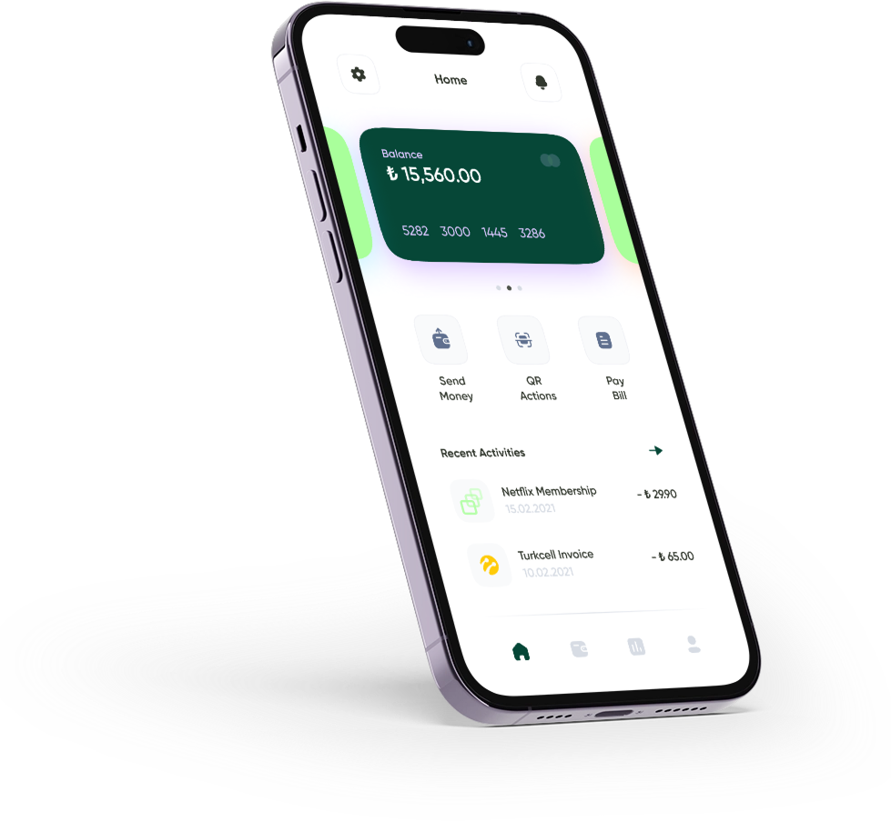 Smartphone showing banking app with balance, send money, QR actions, pay bill, and recent activities.
