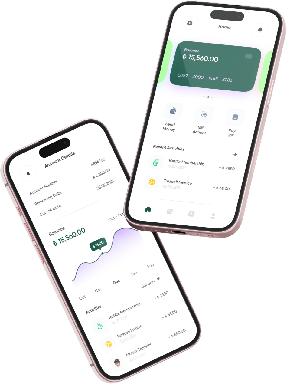 Two smartphones showing banking app screens with balance, recent activities, and financial charts.