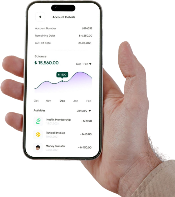 Hand holding phone displaying account details, balance, and expense activities including Netflix and Turkcell invoices.